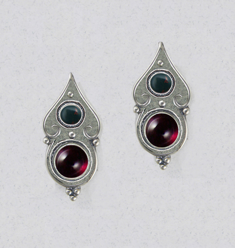 Sterling Silver Gothic Look Post Stud Earrings With Garnet Bloodstone And Garnet Bloodstone Sterling Silver Gothic Look Post Stud Earrings With Garnet Bloodstone And Garnet Bloodstone
